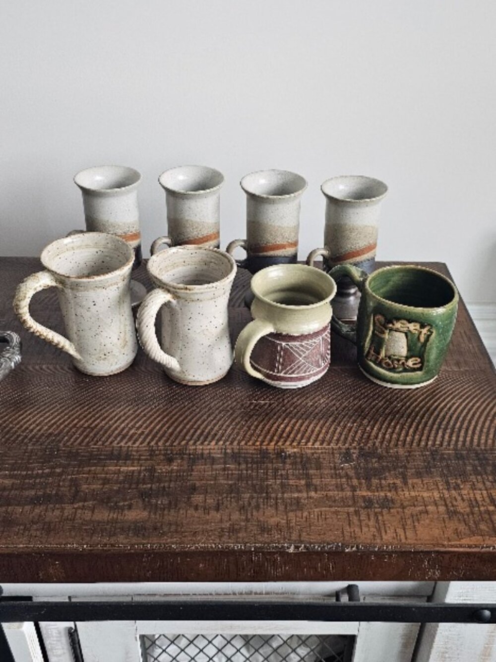 8 Handcrafted Studio Art Pottery Cups Mugs Irish Coffee Coffees, One with a chip